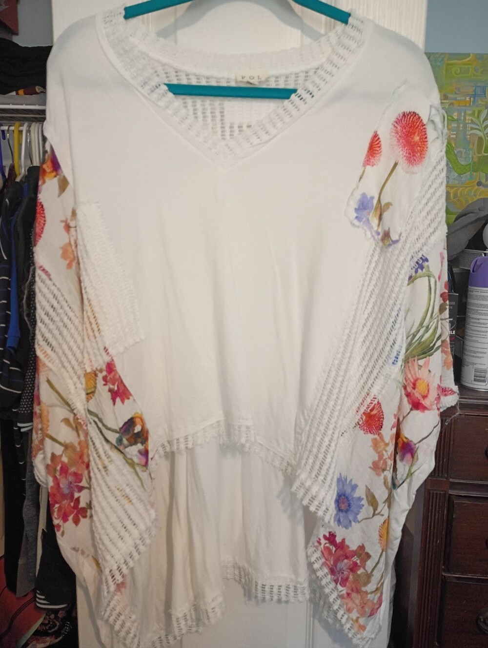 POL Boho Floral Print Open Lattice Lace V-Neck Top White